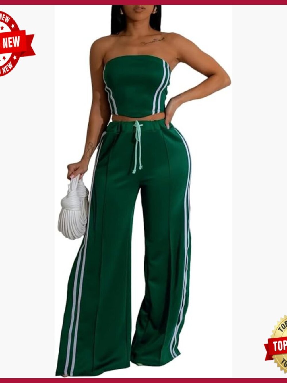 Strapless Crop Top & Wide Leg Pants Set, Polyester Blend, Size Large